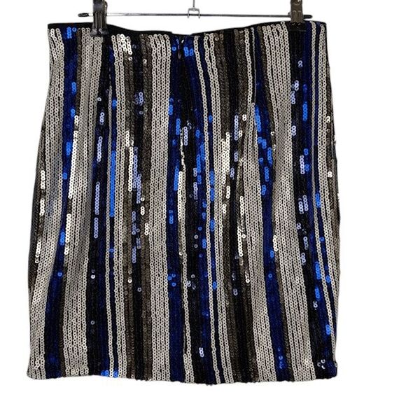 Lulu's Dazzle You Gold and Blue Striped Sequin Mini Skirt Back Zip Size Small - Picture 3 of 11